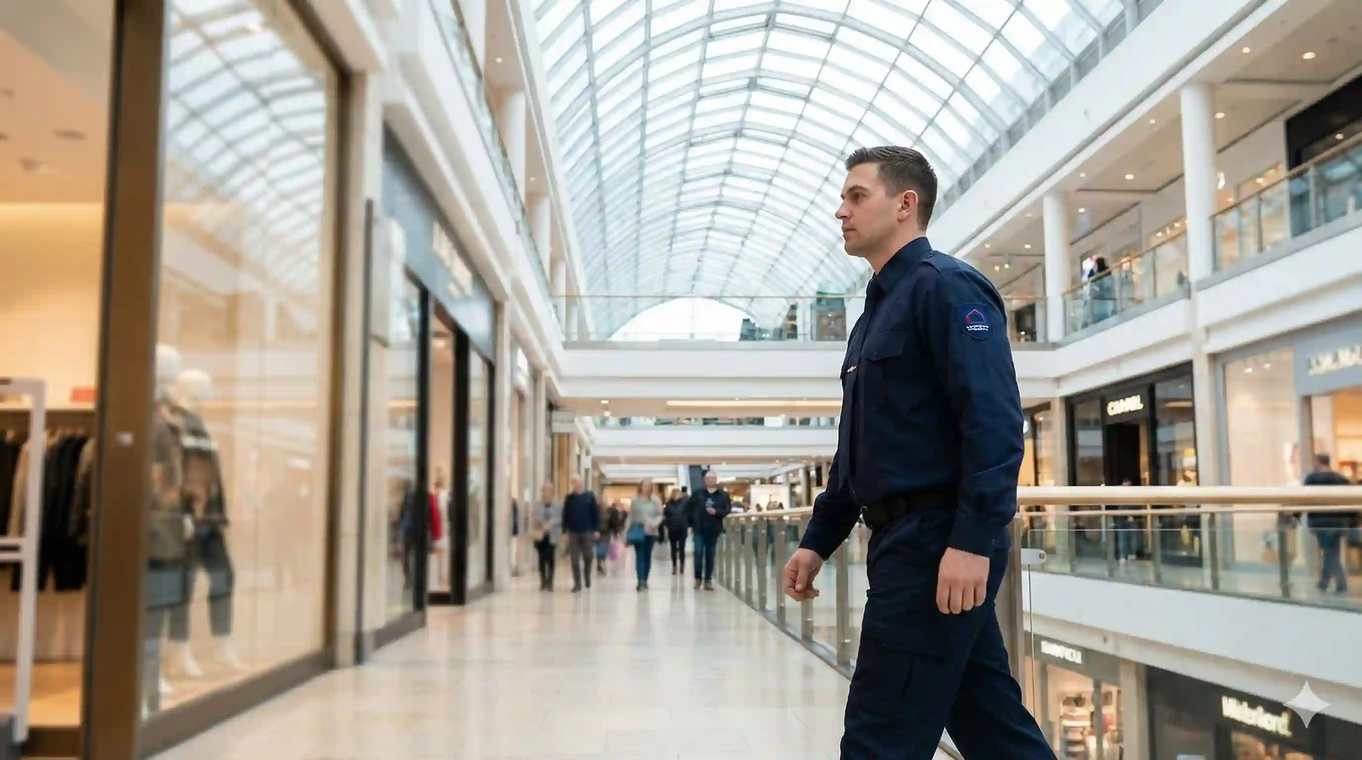 Security guard providing loss prevention services at a retail store